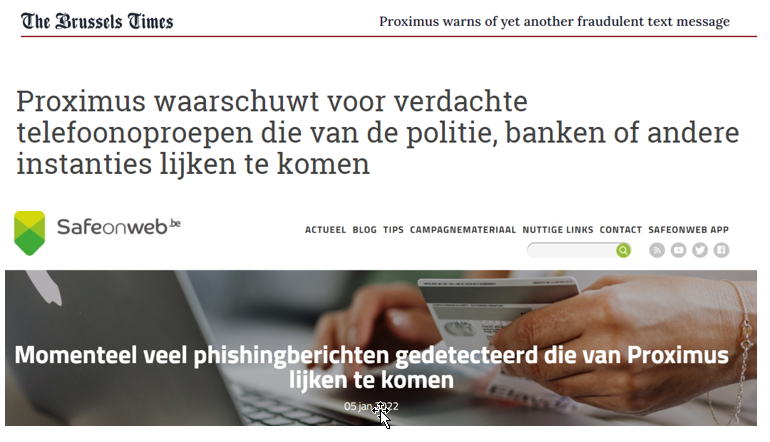 Examples of Proximus warning for phishing, published in different media 