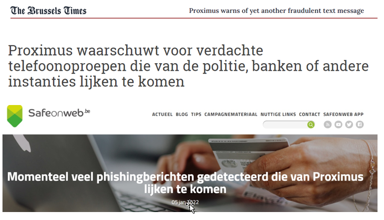 Voorbeelden van Proximus-waarschuwingen voor phishing, gepubliceerd in verschillende media.