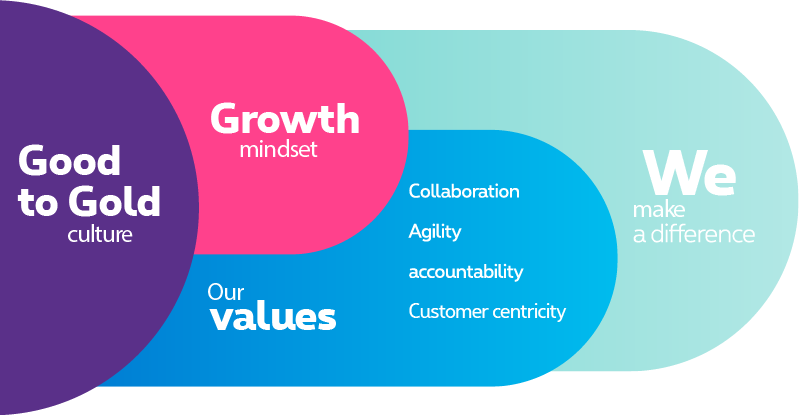 This picture describes our company culture, known as “Good to Gold”. Our culture is composed of two important elements: The growth mindset; having a growth mentality means that you believe in life-long learning. The second important element is our values: collaboration, accountability, agility, customer centricity and digital mindset. The way we act, the way we behave, will always be guided by our values. Our values combined with a growth mentality allow us to make a difference.