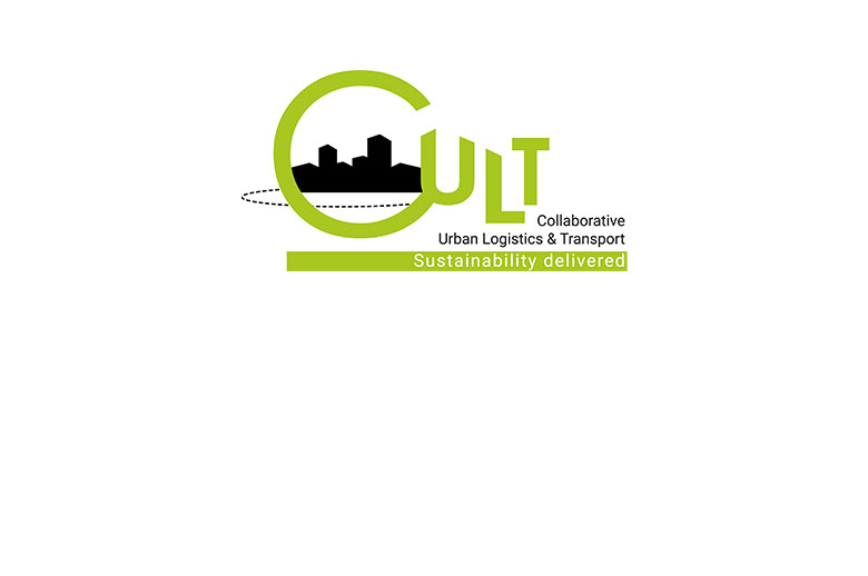 Logo van 'CULT', Collaborative Urban Logistics & Transport. Dit betekent 'collaboratieve stedelijke logistiek en vervoer'. Het logo heeft als Engelse ondertitel 'Sustainability delivered' (duurzaamheid geleverd).