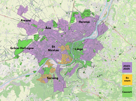 Carte actuelle (mars 2023) du déploiement de la fibre en région Liégoise